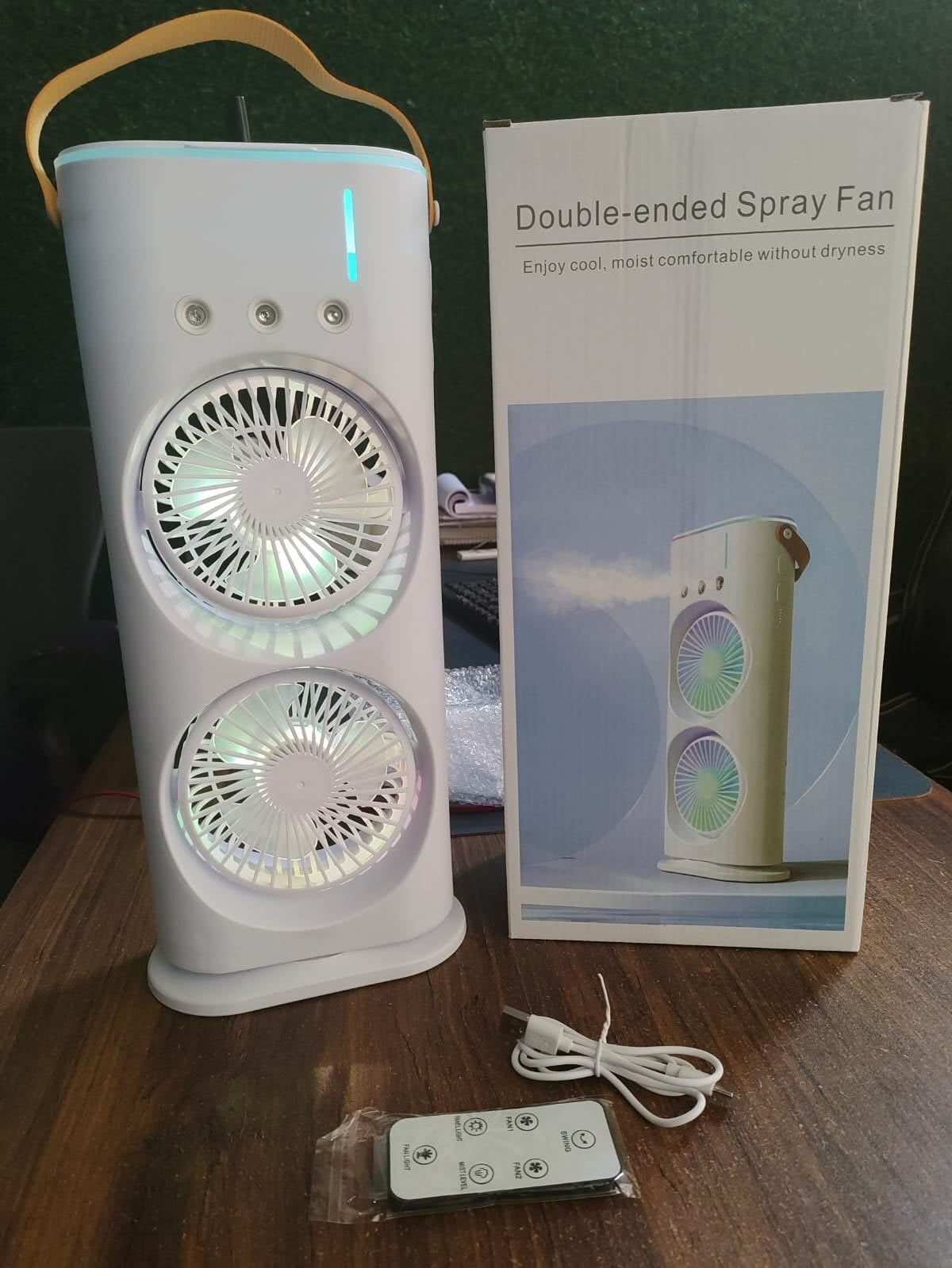 **"Portable USB Air Cooler & Humidifier – LED RGB, Dual Spray, 3-Speed Cooling Fan with Remote (White)"**