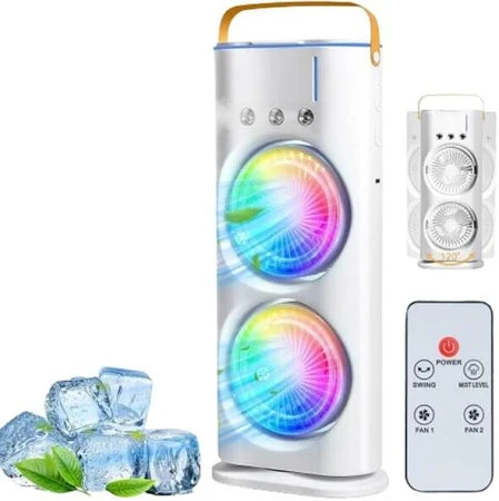 **"Portable USB Air Cooler & Humidifier – LED RGB, Dual Spray, 3-Speed Cooling Fan with Remote (White)"**