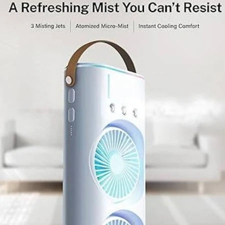 **"Portable USB Air Cooler & Humidifier – LED RGB, Dual Spray, 3-Speed Cooling Fan with Remote (White)"**