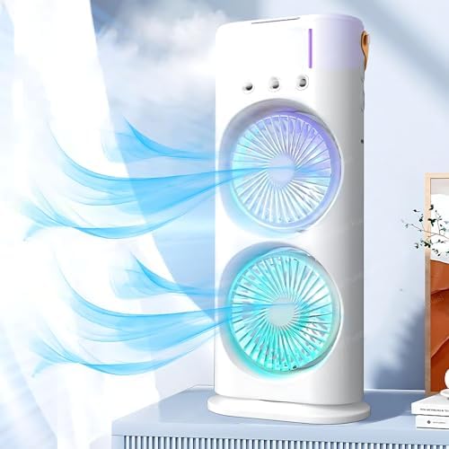 **"Portable USB Air Cooler & Humidifier – LED RGB, Dual Spray, 3-Speed Cooling Fan with Remote (White)"**