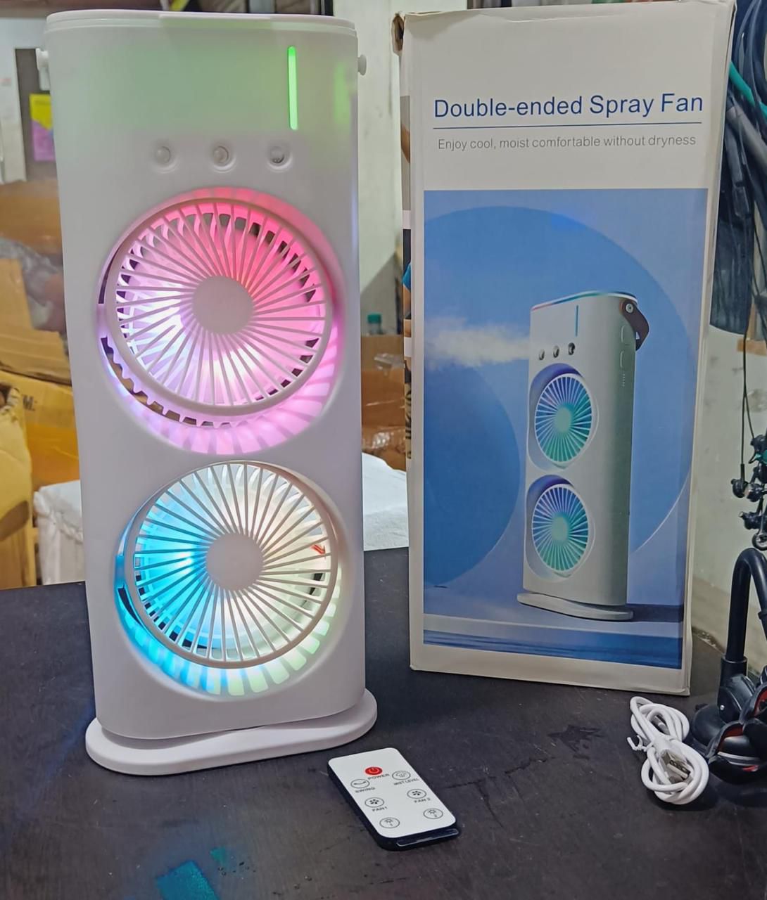 **"Portable USB Air Cooler & Humidifier – LED RGB, Dual Spray, 3-Speed Cooling Fan with Remote (White)"**