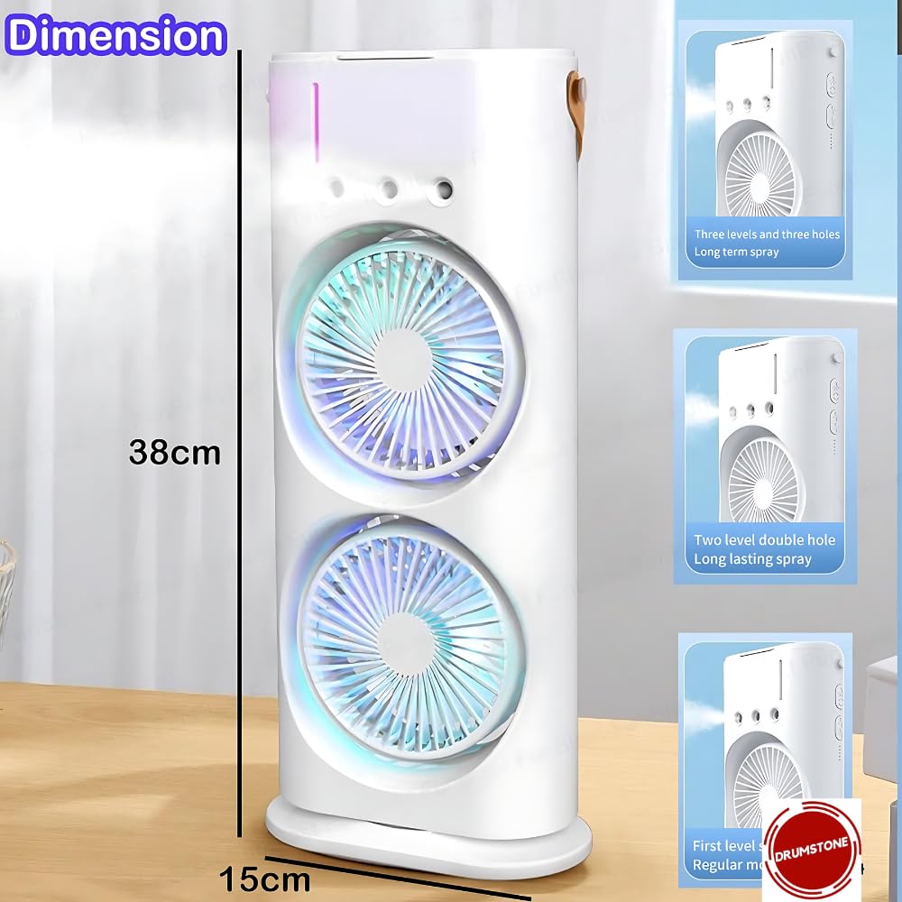 **"Portable USB Air Cooler & Humidifier – LED RGB, Dual Spray, 3-Speed Cooling Fan with Remote (White)"**